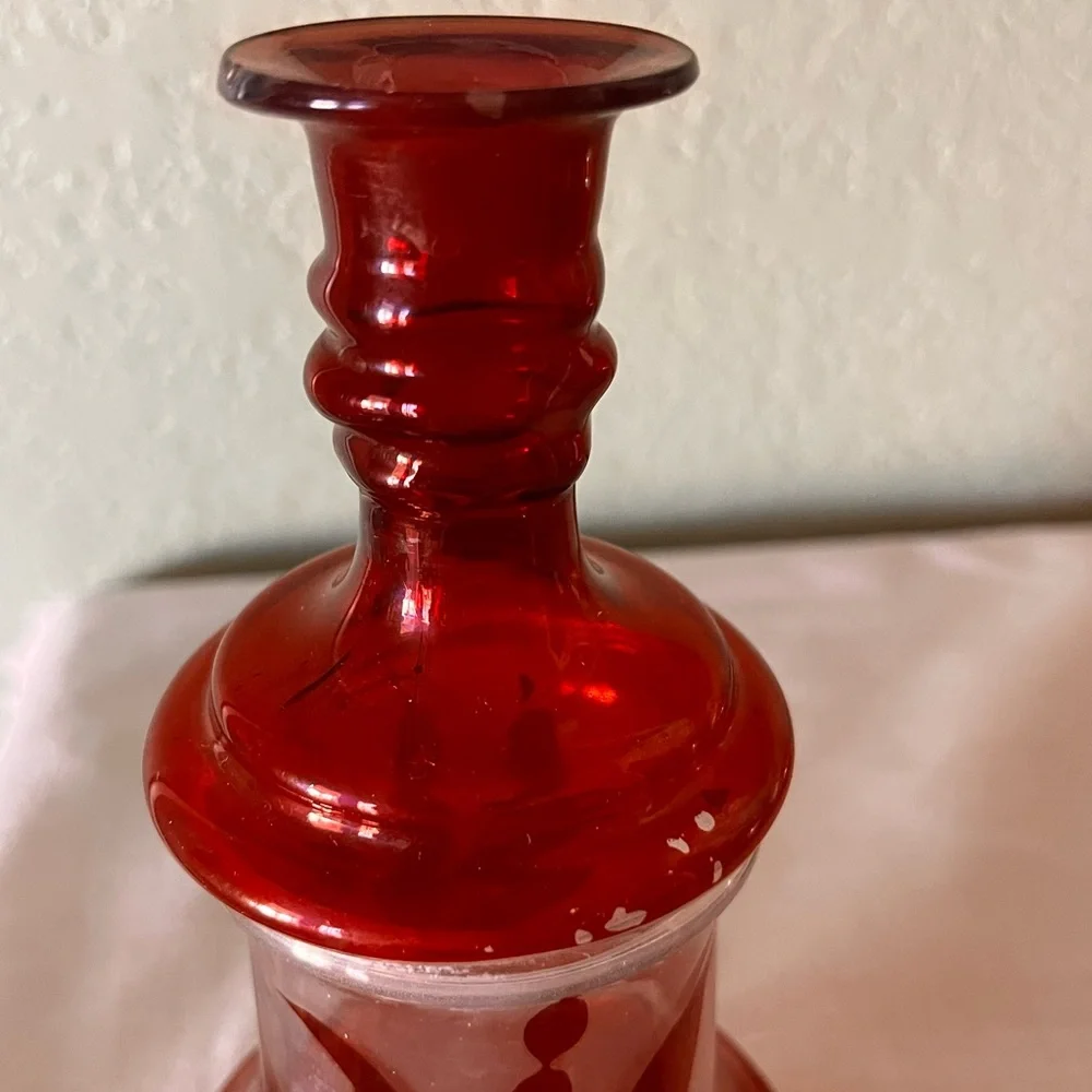 Vintage Ruby Red Decanter with Stopper Bohemian Style Glass Floral Etched Design